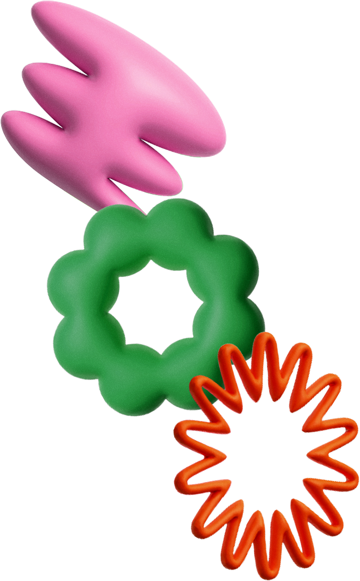 Tres diferentes formas de burbujas o globos en colores rosa, verde y rojo con fondo de tonos pastel.