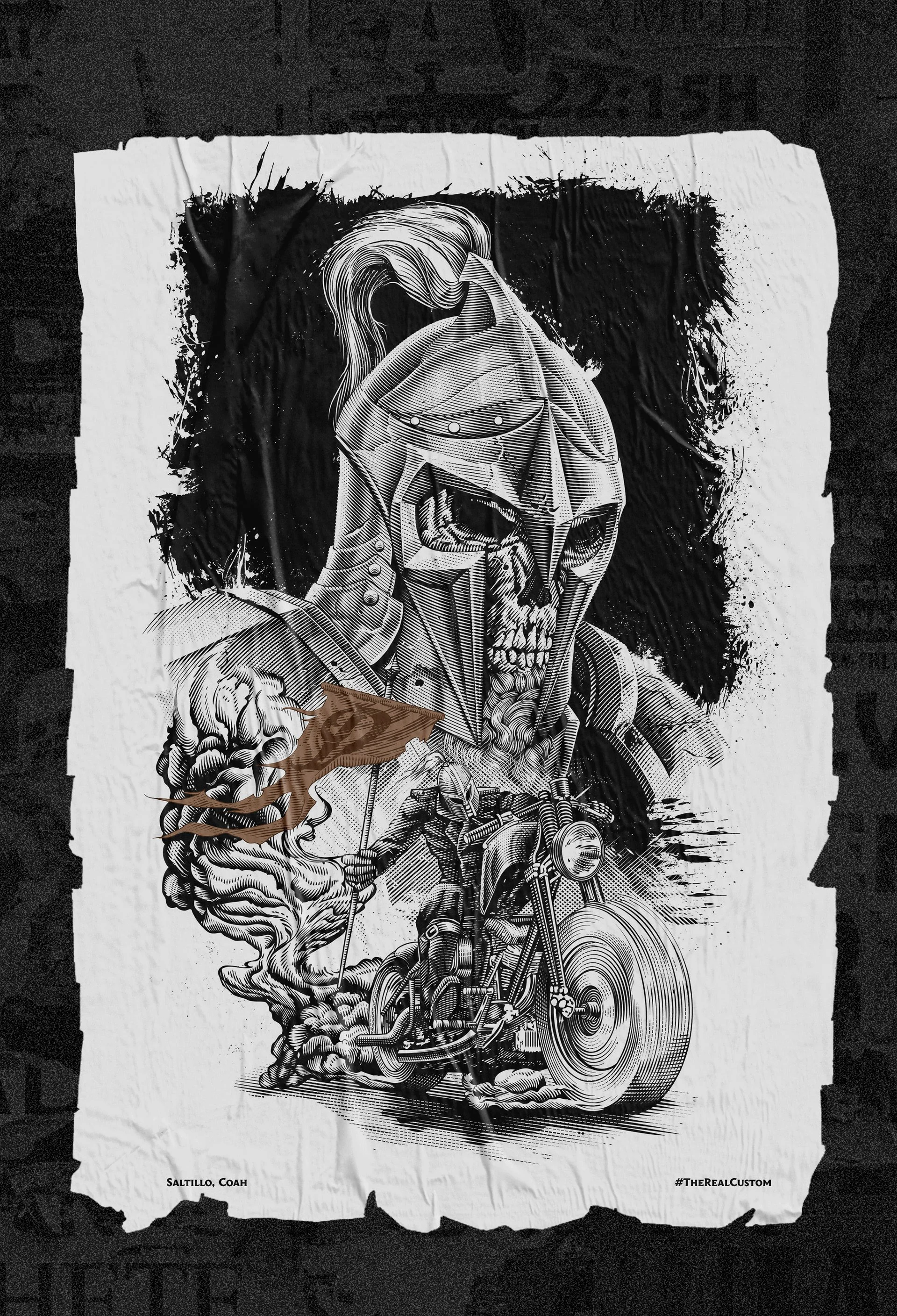 Ilustración en blanco y negro de un esqueleto con casco y chaqueta de motociclista, con una motocicleta debajo y una explosión de humo o polvo. Texto en la parte inferior izquierda: "Saltillo, Coah". En la parte inferior derecha: "#TheRealCustom".