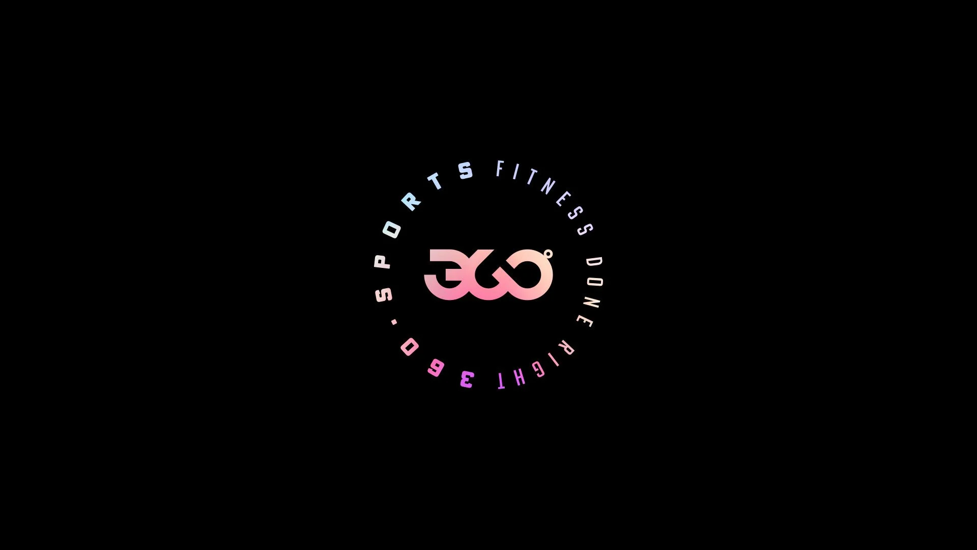 Logotipo de una marca de fitness llamada 'Sports Fitness Done Right'. El diseño presenta un símbolo en el centro en color rosa con un degradado suave que forma un símbolo abstracto. Alrededor, en forma circular, el texto en colores pastel dice 'Sports Fitness Done Right'.