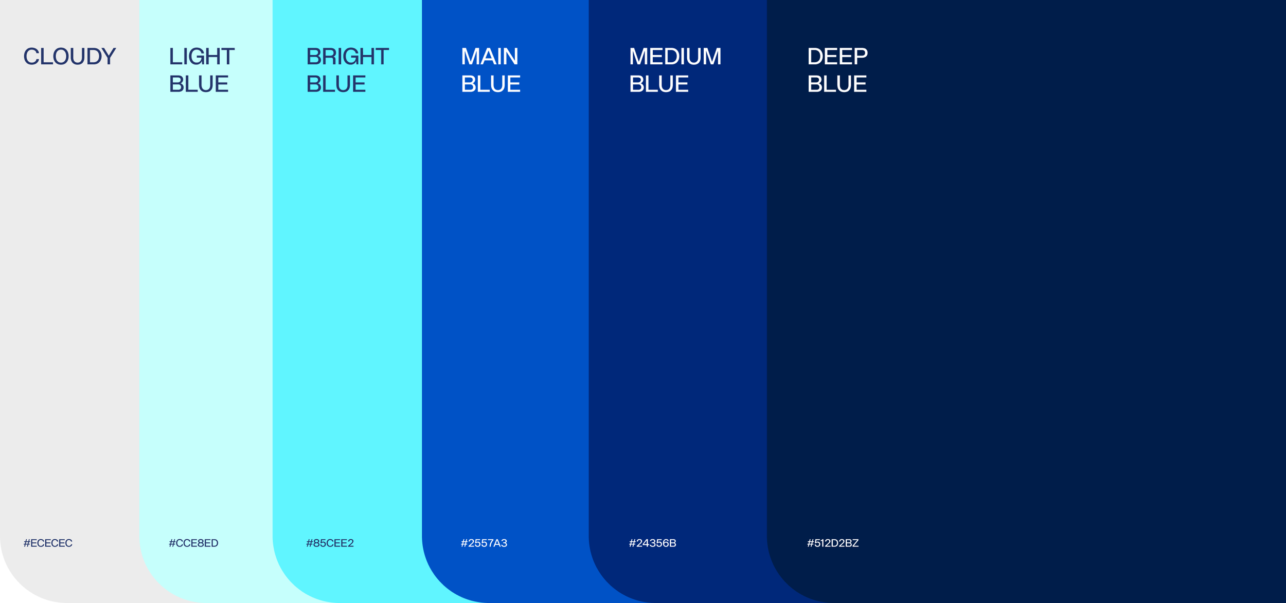 Tabla de diferentes tonos de azul y gris, con etiquetas de colores y códigos hexadecimales, desde gris claro hasta azul muy oscuro, con títulos como 'Nublado', 'Azul claro', 'Azul brillante', 'Azul principal', 'Azul medio' y 'Azul profundo'.