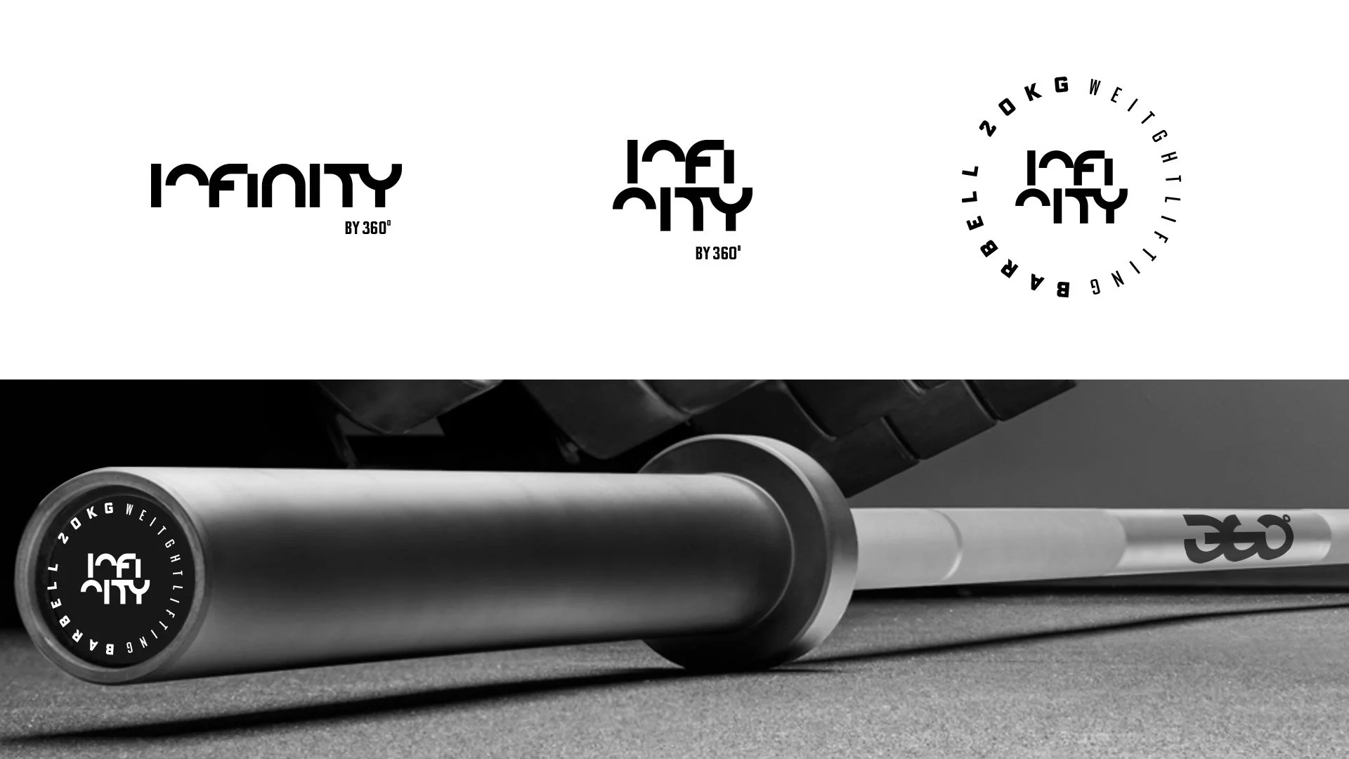 Imagen en blanco y negro de un rodillo de entrenamiento con logotipo circular que dice '20kg' y 'lifting all'. La parte superior de la imagen muestra el diseño del logo en diferentes estilos textuales. Por debajo, se observa el rodillo en reposo sobre una superficie plana.