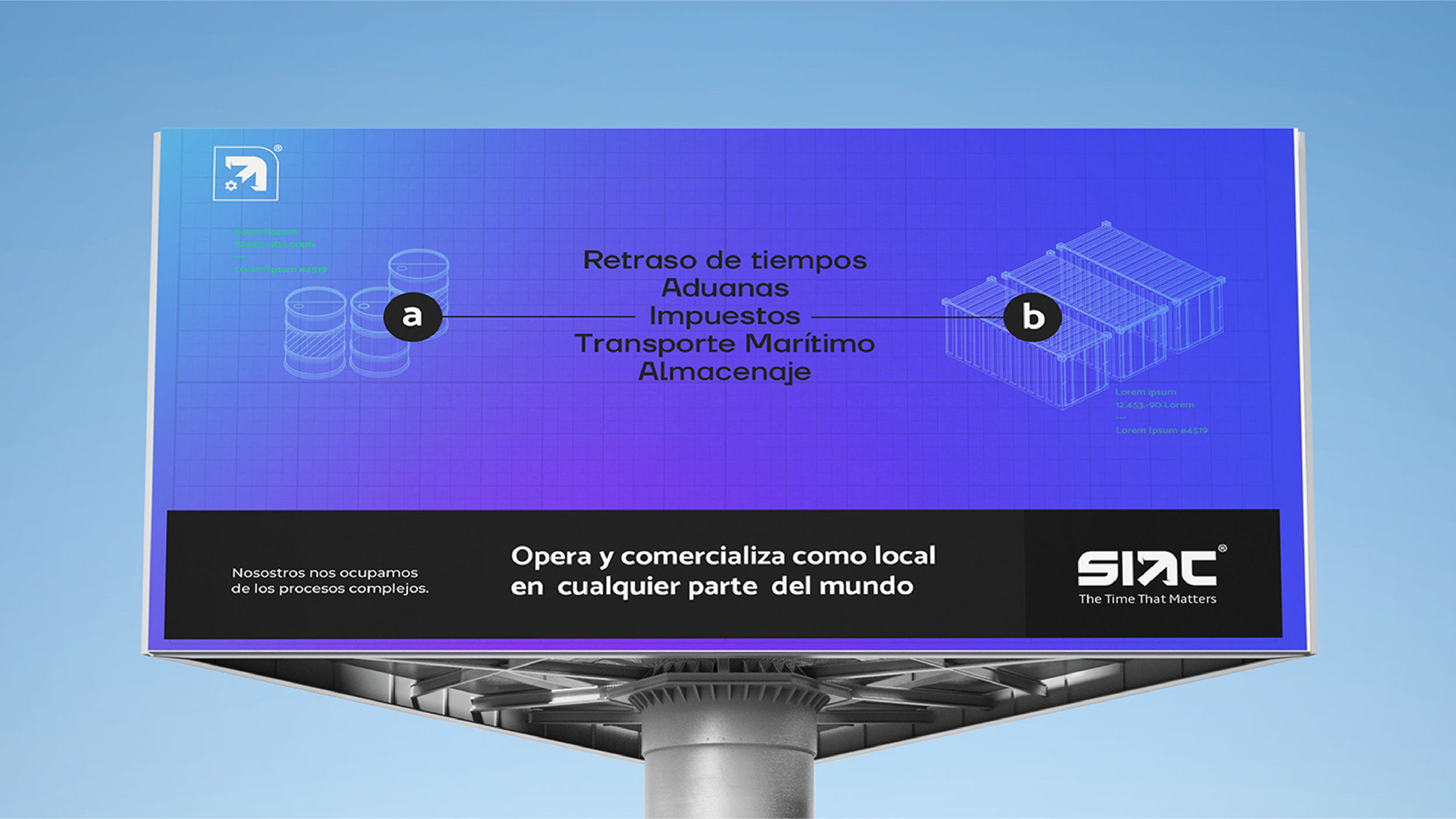 Pancarta publicitaria con diagramas que representan objetos, texto y logotipo de la empresa SIAC, con horario de atención y mensaje sobre procesos complejos.
