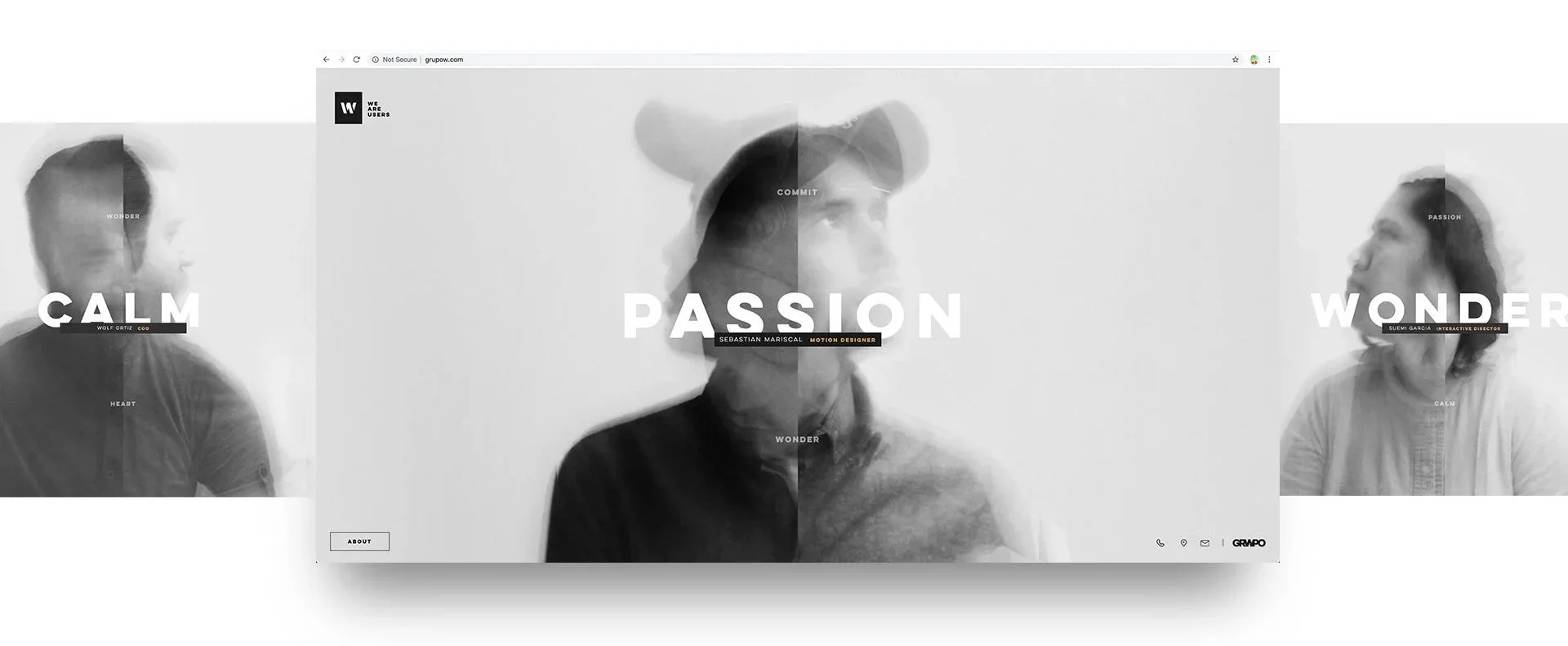Diseño web en tonos grises con tres retratos de personas, con palabras en inglés como 'Calm', 'Passion' y 'Wonder', y nombres y cargos en letras pequeñas.