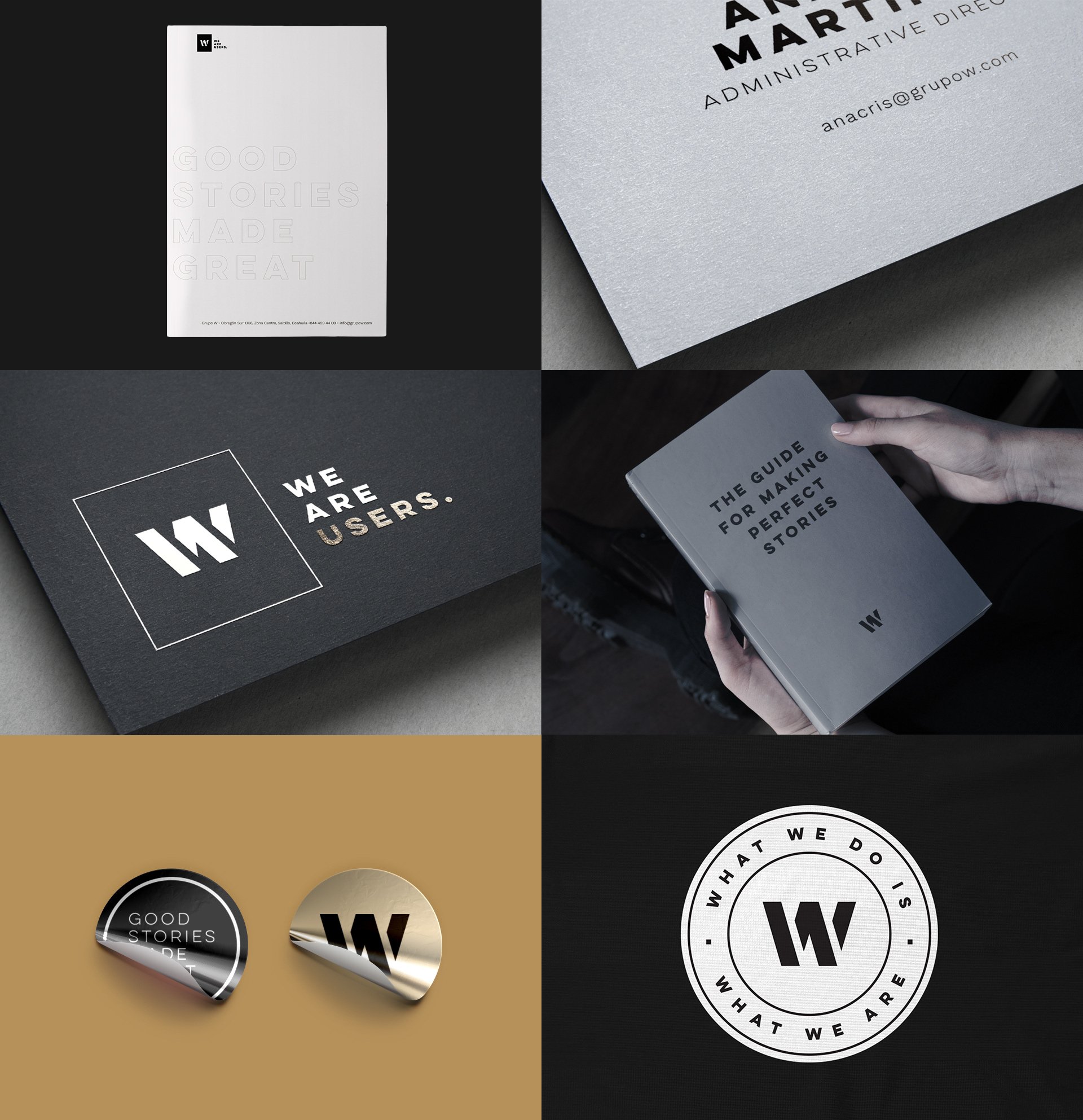 Cuatro imágenes de diseños de tarjetas de presentación y material corporativo con textos y logotipos en diferentes estilos y colores.