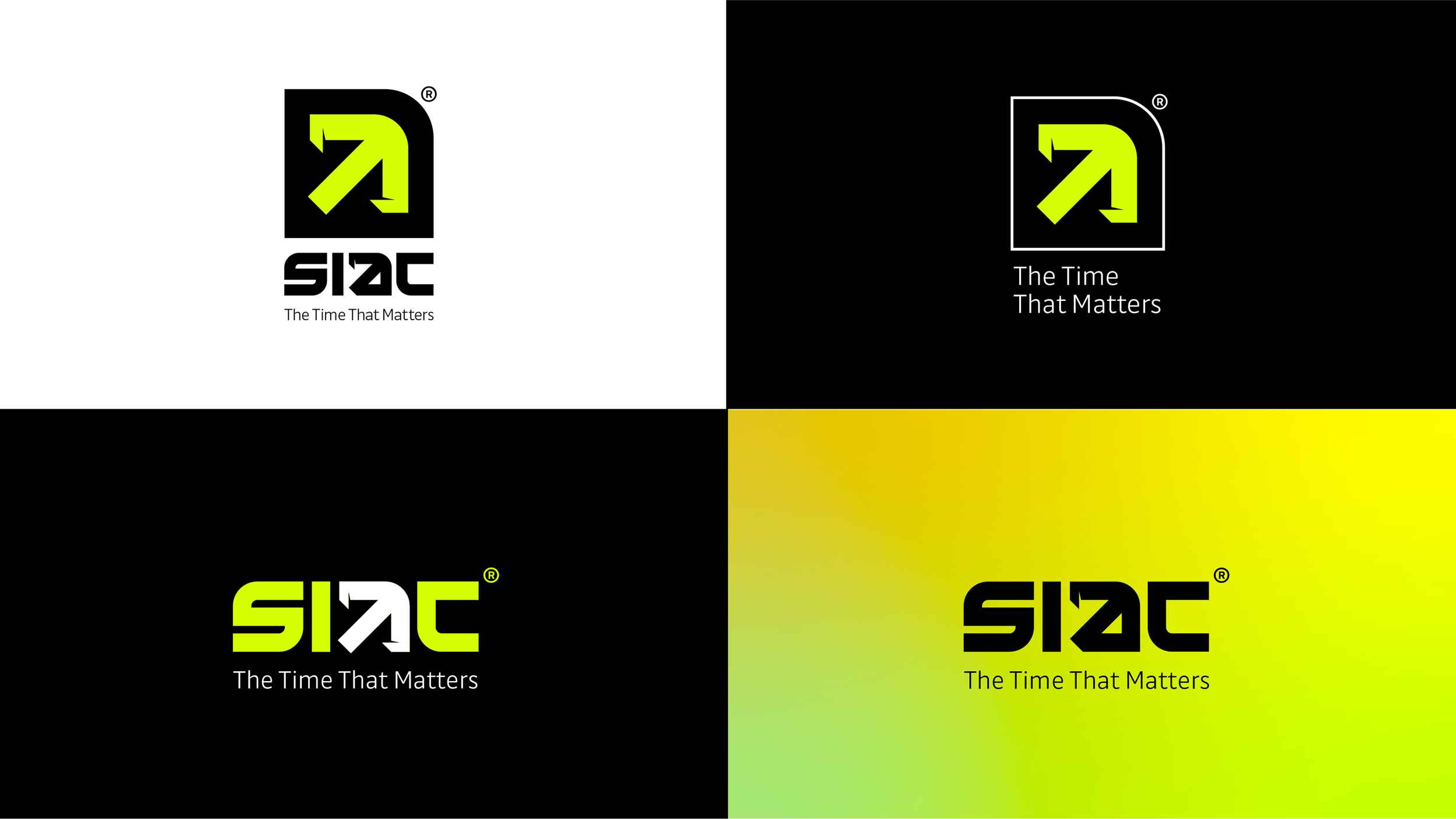 Cuatro versiones del logo de SIAC, cada una con diferentes combinaciones de fondo blanco, negro, y degradados de amarillo a verde, con el texto "The Time That Matters" debajo.