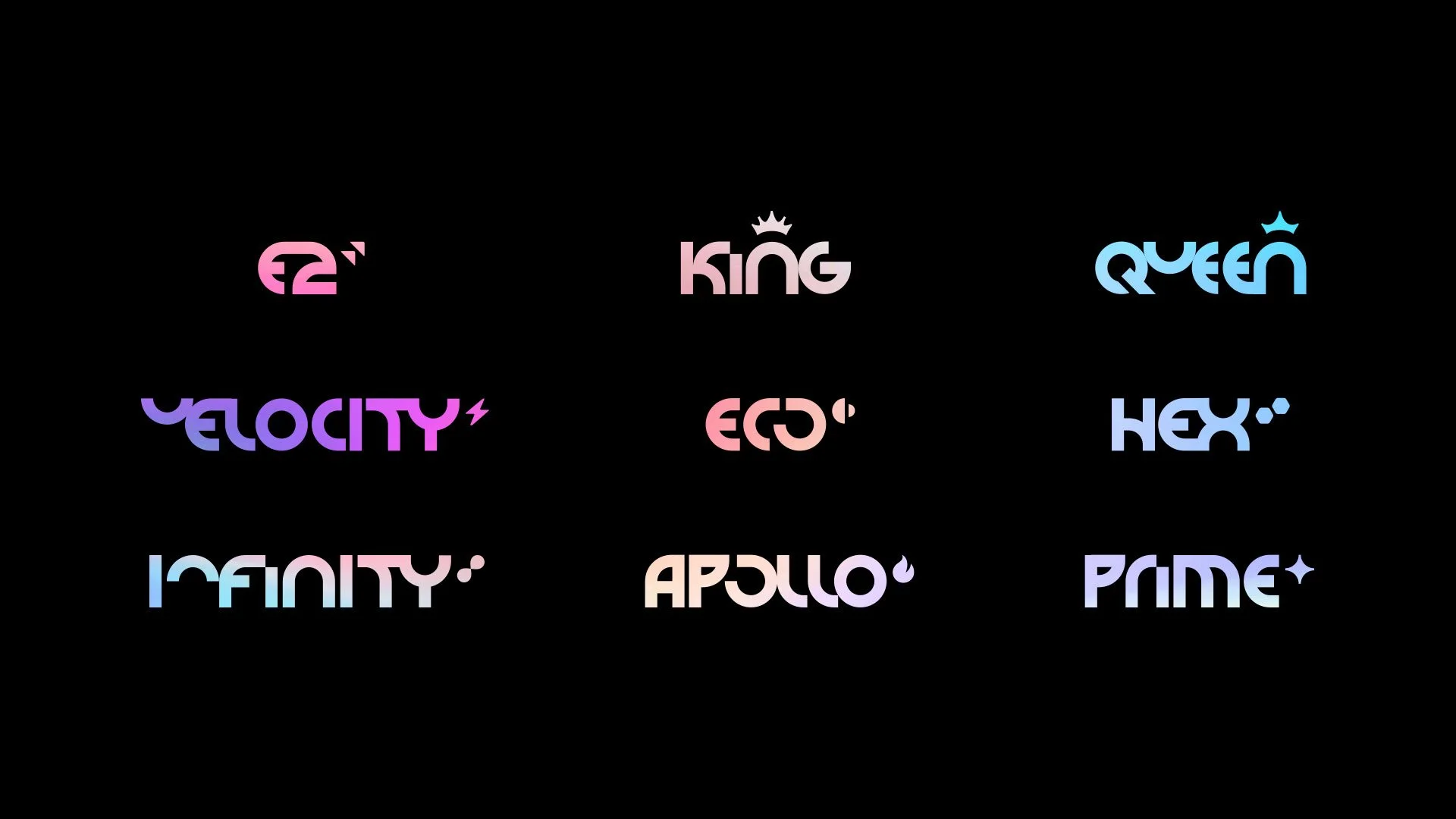 Palabras en estilo moderno y colorido en un fondo negro que dicen: G2 KİNG QUEEN VELOCITY EGO HEX INFINITY APOLLO PRIME
