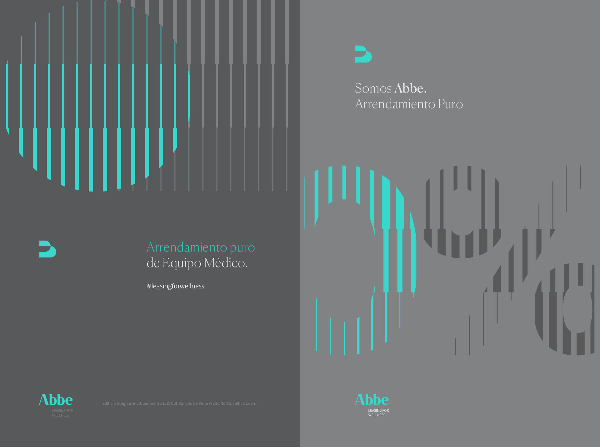 Imagen con texto en español que dice "Somos Abbe. Arrendamiento Puro" y "Arrendamiento puro de Equipo Médico". Fondo gris con gráficos en azul y gris formando figuras circulares y líneas.