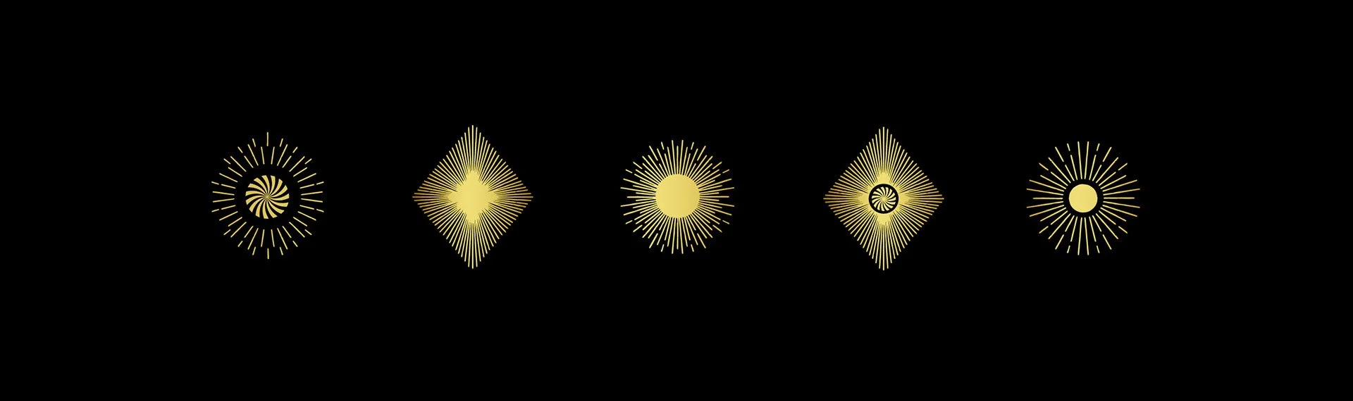 Cinco patrones dorados de formas geométricas y radiantes en fondo negro.
