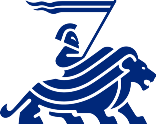 Logotipo en azul de un león con un escudo y bandera.