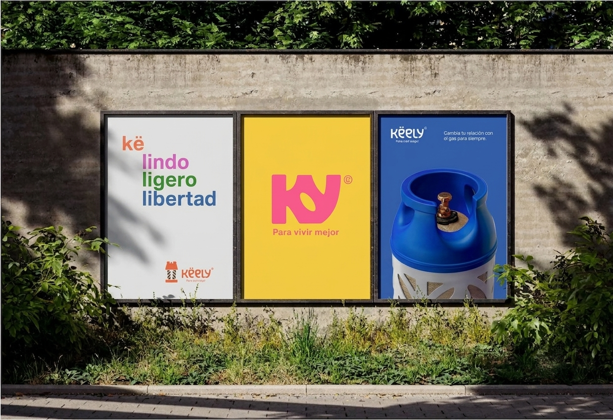 Publicidad con tres carteles: el primero dice 'ké lindo ligero libertad' con el logo de Keely, el segundo tiene un logotipo rosa y el texto 'Para vivir mejor', y el tercero muestra una botella de gas azul de Keely con una leyenda en español.