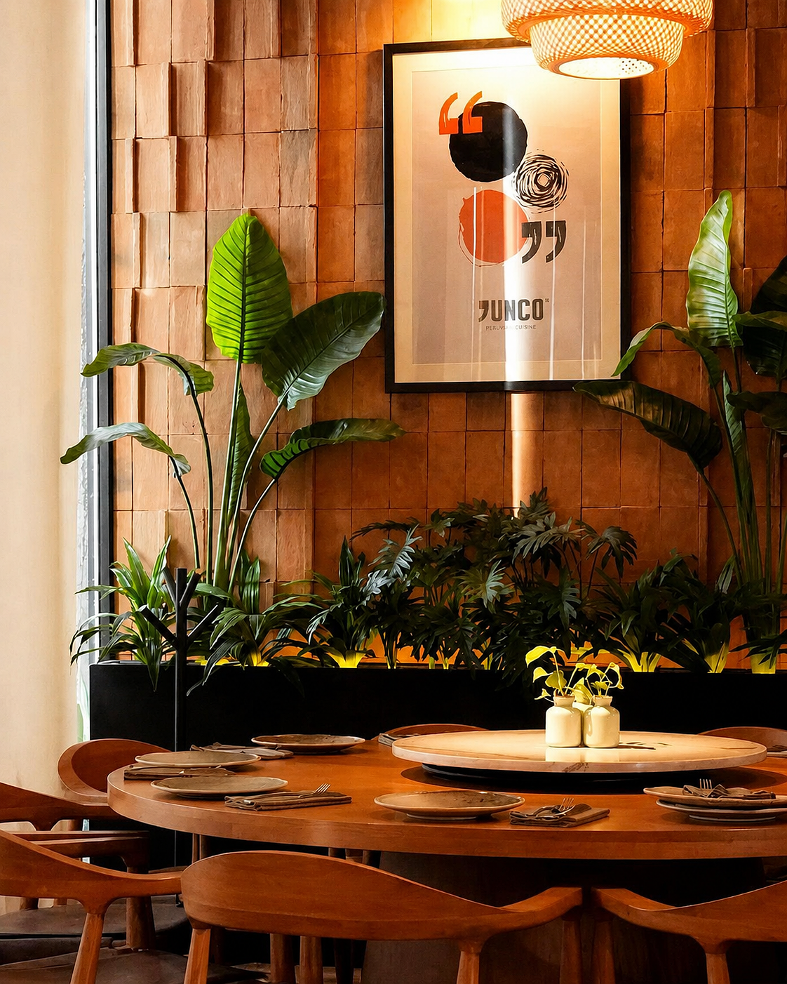 Interior de restaurante con mesa redonda de madera, platos y cubiertos, rodeada de sillas de madera, plantas verdes y un cuadro en la pared con el texto 'JUNCO' y diseño abstracto, iluminación cálida.