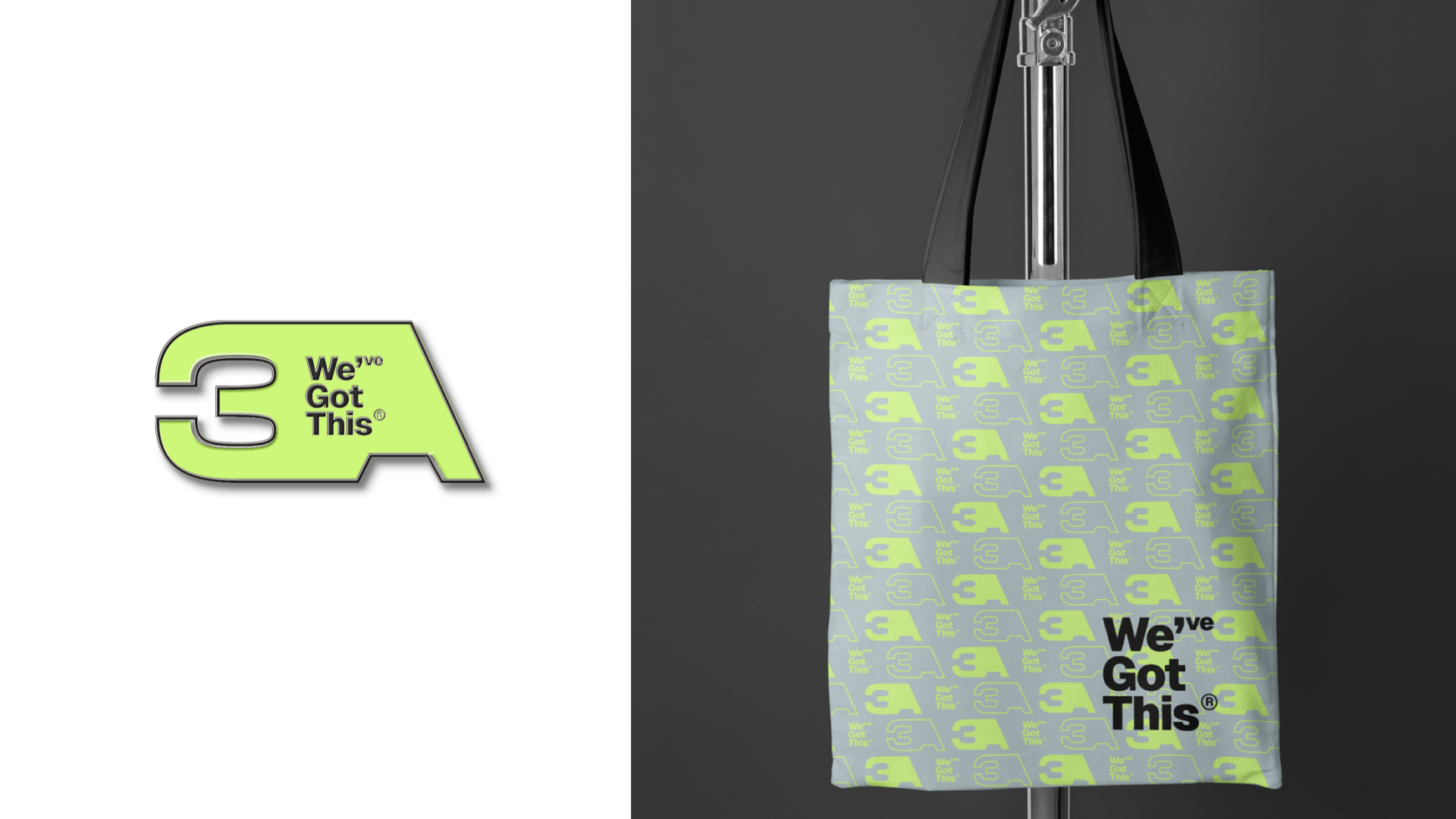 Una bolsa de papel con el logotipo de 'We’ve Got This' y el número 3 en un patrón repetido, colgando de un gancho metálico en un fondo gris oscuro.