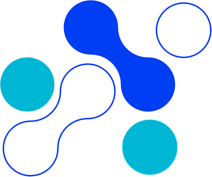 Dibujo con formas redondas en tonalidades de azul y líneas conectando algunas de ellas.