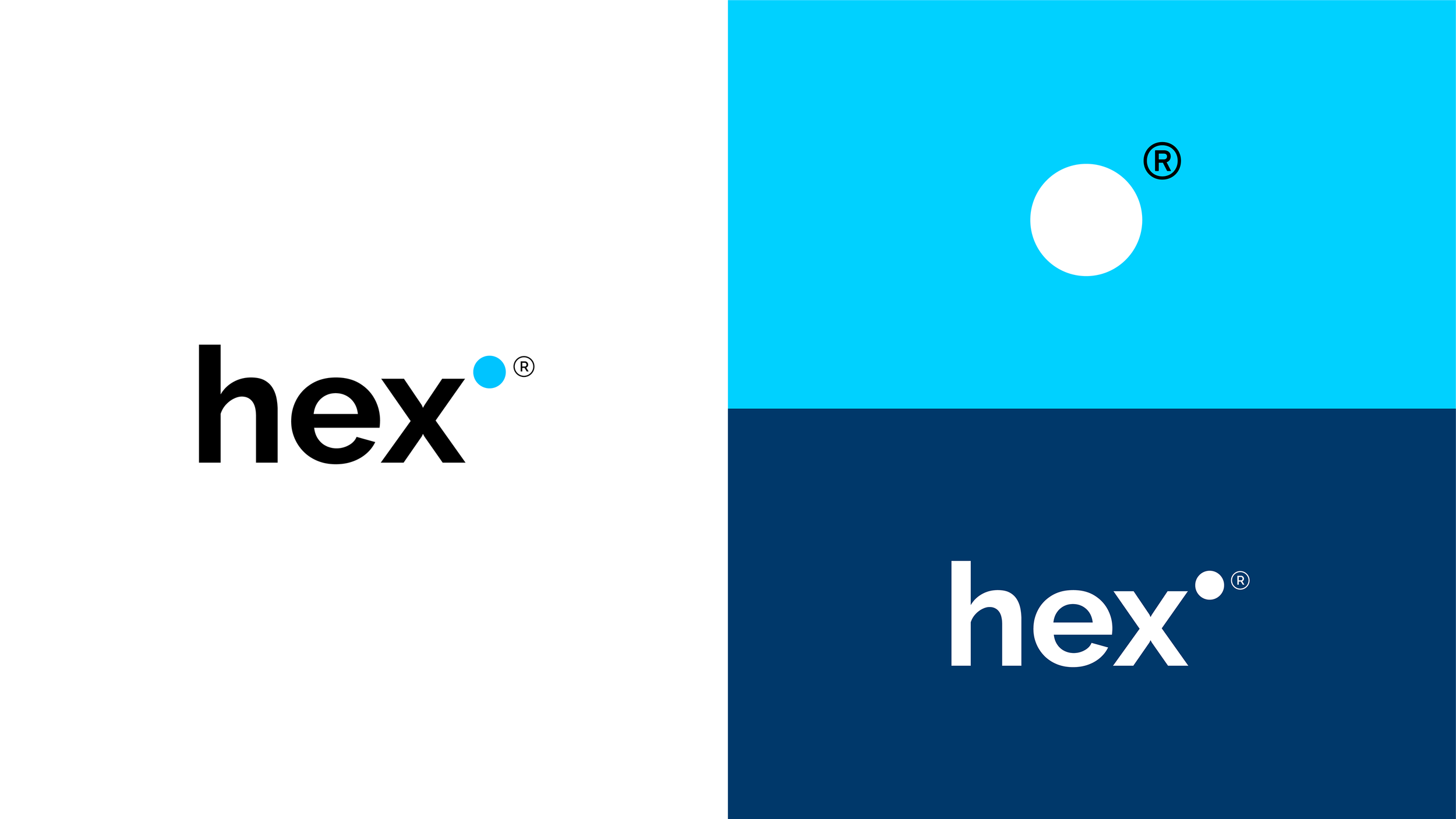 Imagen dividida en cuatro cuadrantes, cada uno con el logotipo de 'hex' en diferentes colores y fondos. Los colores del fondo varían desde blanco, azul claro, azul medio, hasta azul oscuro, con el texto 'hex' en diferentes estilos y colores en cada cuadrante.