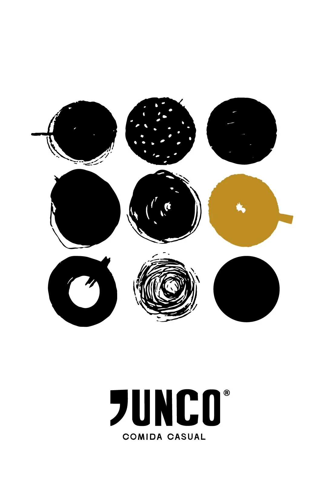 Diseño artístico con varias ilustraciones de círculos y un logotipo que dice "JUNCO" con la leyenda "COMIDA CASUAL" debajo.
