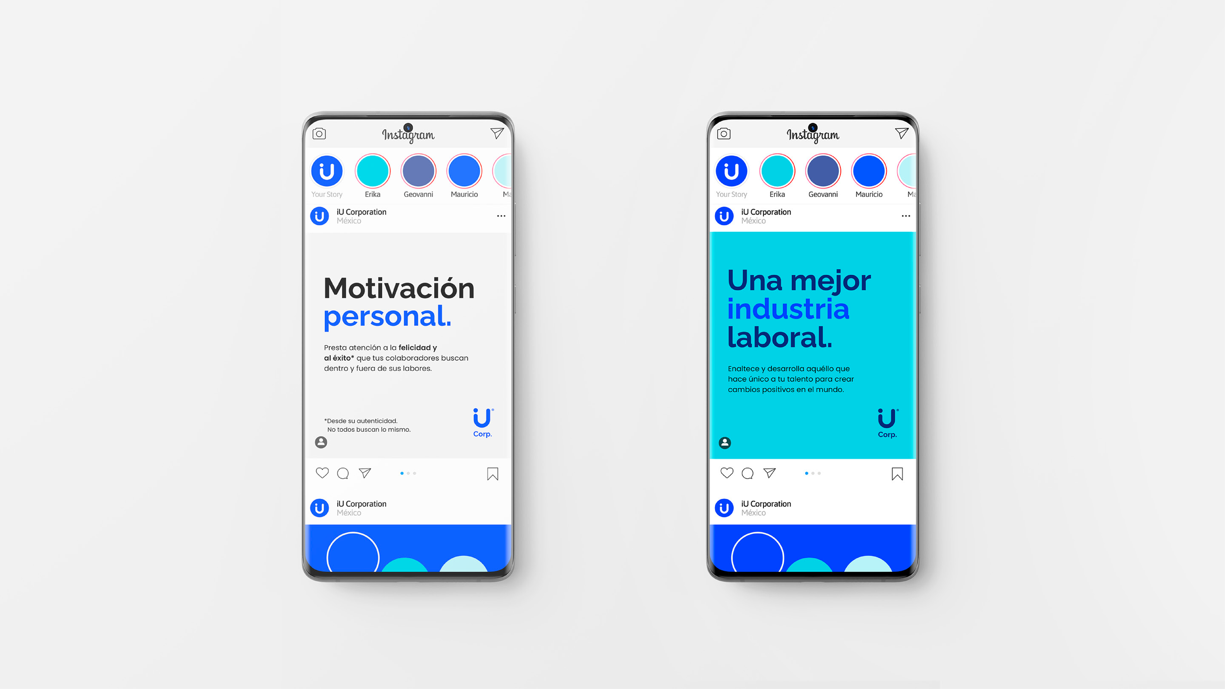 Dos teléfonos móviles mostrando páginas de Instagram, una con texto en español acerca de motivación personal y la otra sobre la industria laboral, con fondos blancos y detalles en azul.