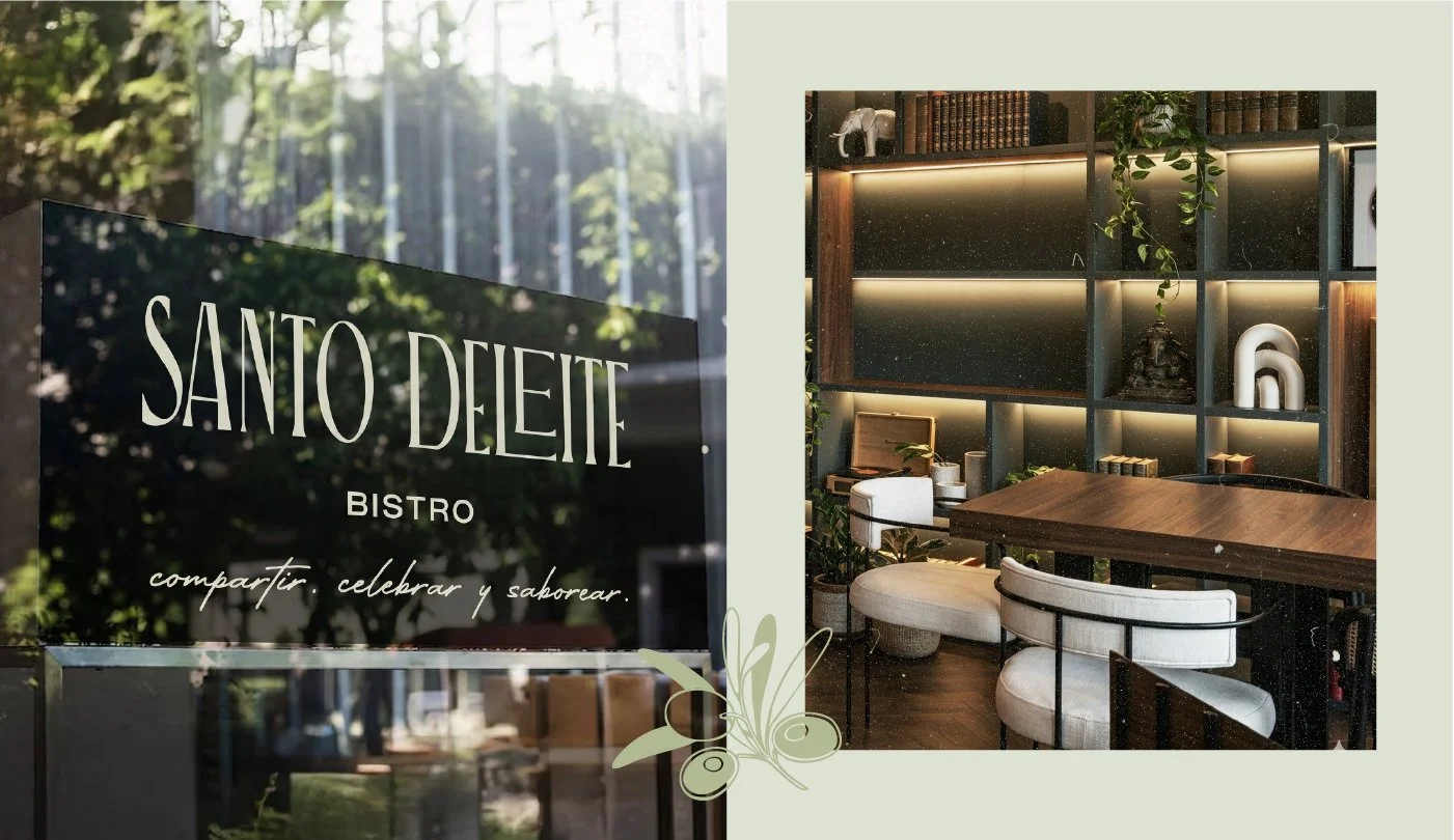 Portada del letrero del bistro Santo Deleite con fondo de bosque y sin letras, y una sala de interior con estanterías decorativas y muebles modernos.