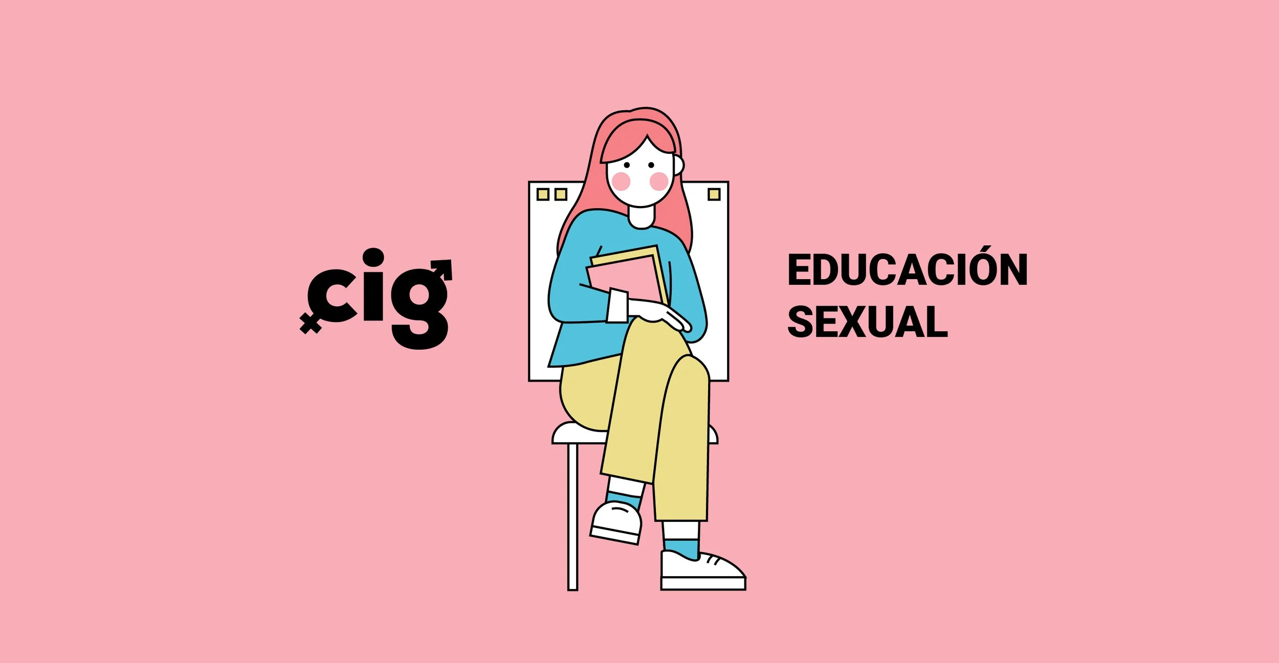 Ilustración de una mujer sentada en una silla con libros en las manos, fondo rosa, con el texto en español '¿Qué es la educación sexual?'.