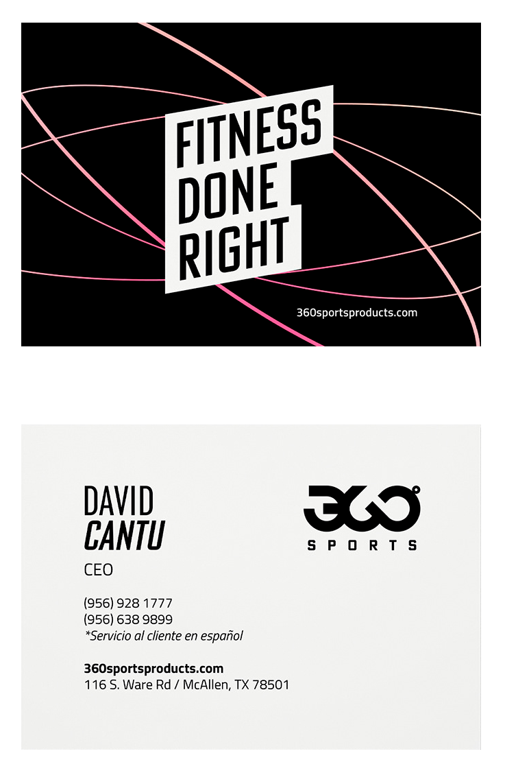 Tarjeta de presentación con logo de 360 Sports y texto en inglés y español, con fondo negro y diseño de líneas rosa.