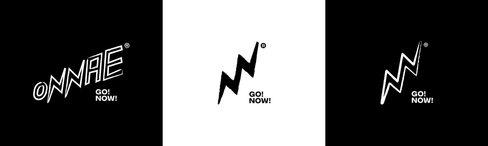 Tres diseños de logotipos en diferentes fondos: uno con la palabra 'ONNAE' en letras grandes y angulosas en fondo negro, otro con un rayo en negro sobre fondo blanco, y el último con un rayo en blanco sobre fondo negro, todos con la frase 'GO! NOW!'