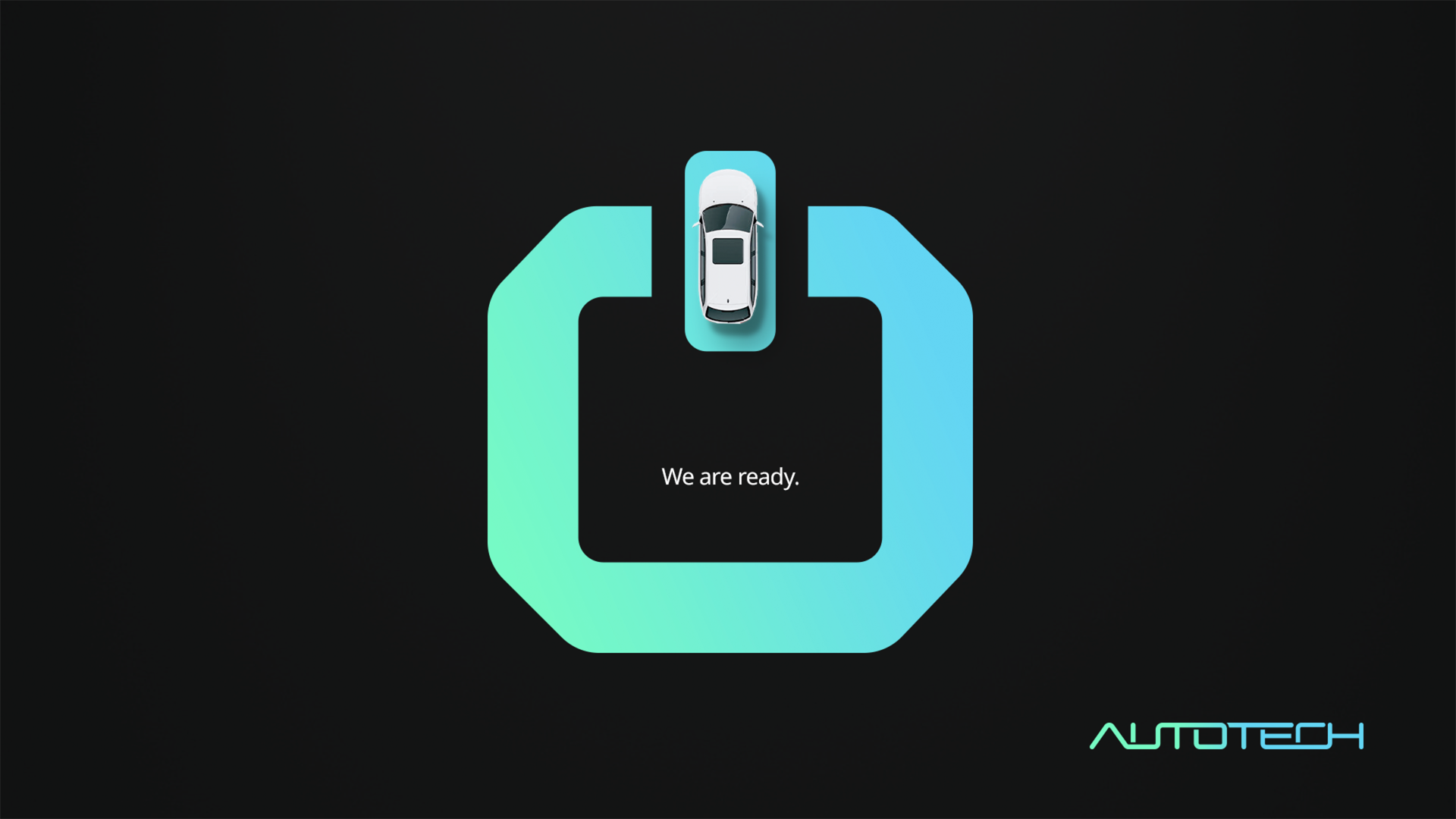 pantalla de coche en modo de estacionamiento automático con icono de auto en el centro y mensaje que dice 'Estamos listos' en inglés. Logo de Autotech en la esquina inferior derecha.