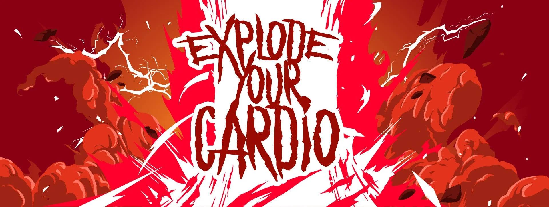 Ilustración con explosiones y relámpagos en tonos rojos y naranjas, texto en medio que dice 'Explota tu cardio' en estilo de cómic.