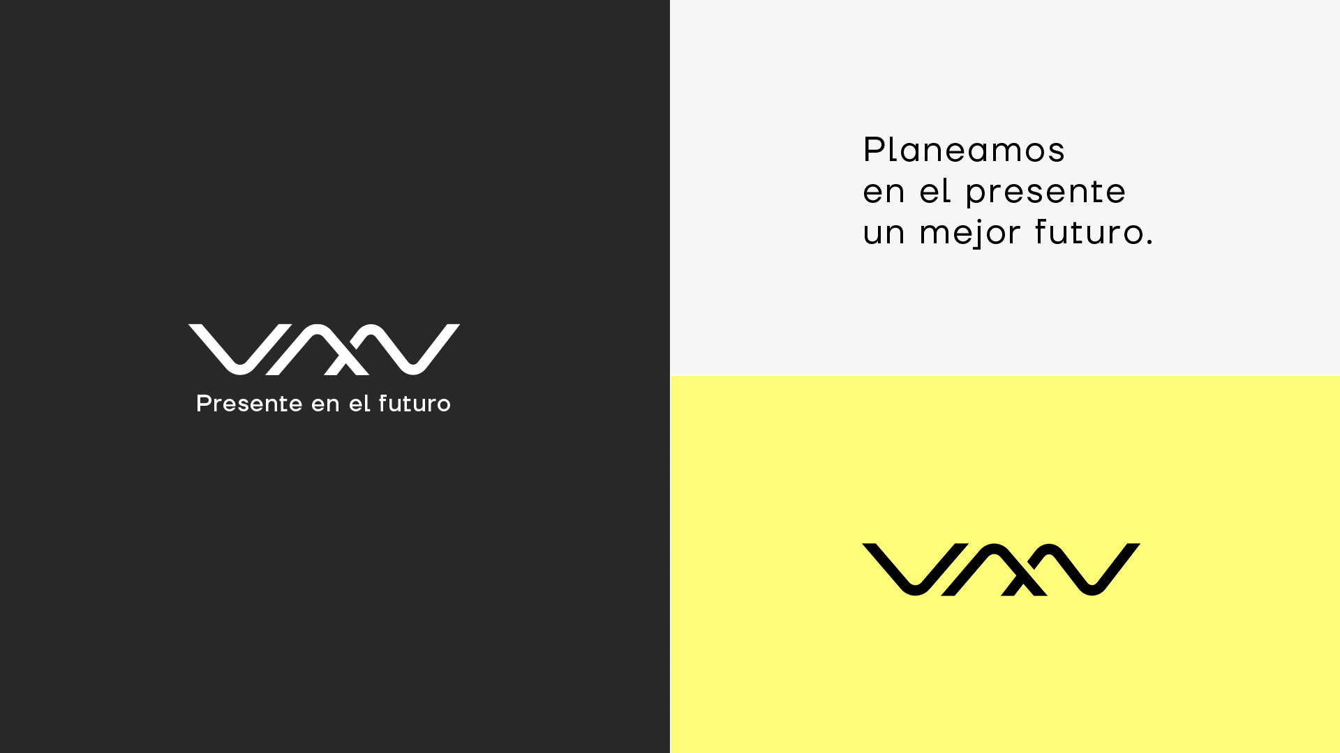 Folleto con logotipo y texto en inglés y español que dice 'Presente en el futuro' y 'Planeamos en el presente un mejor futuro', fondo dividido en cuatro partes con colores negro, gris, blanco y amarillo pastel.