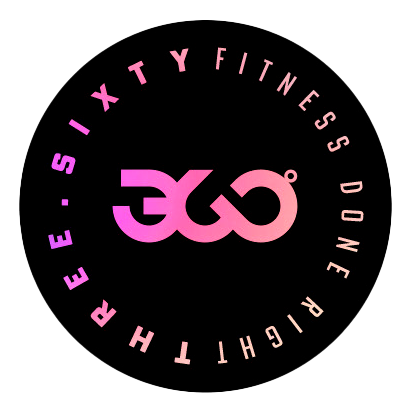 Logotipo circular de Three Sixty Sports. Fitness Done Right, con letras en rosa y púrpura, en un fondo negro.