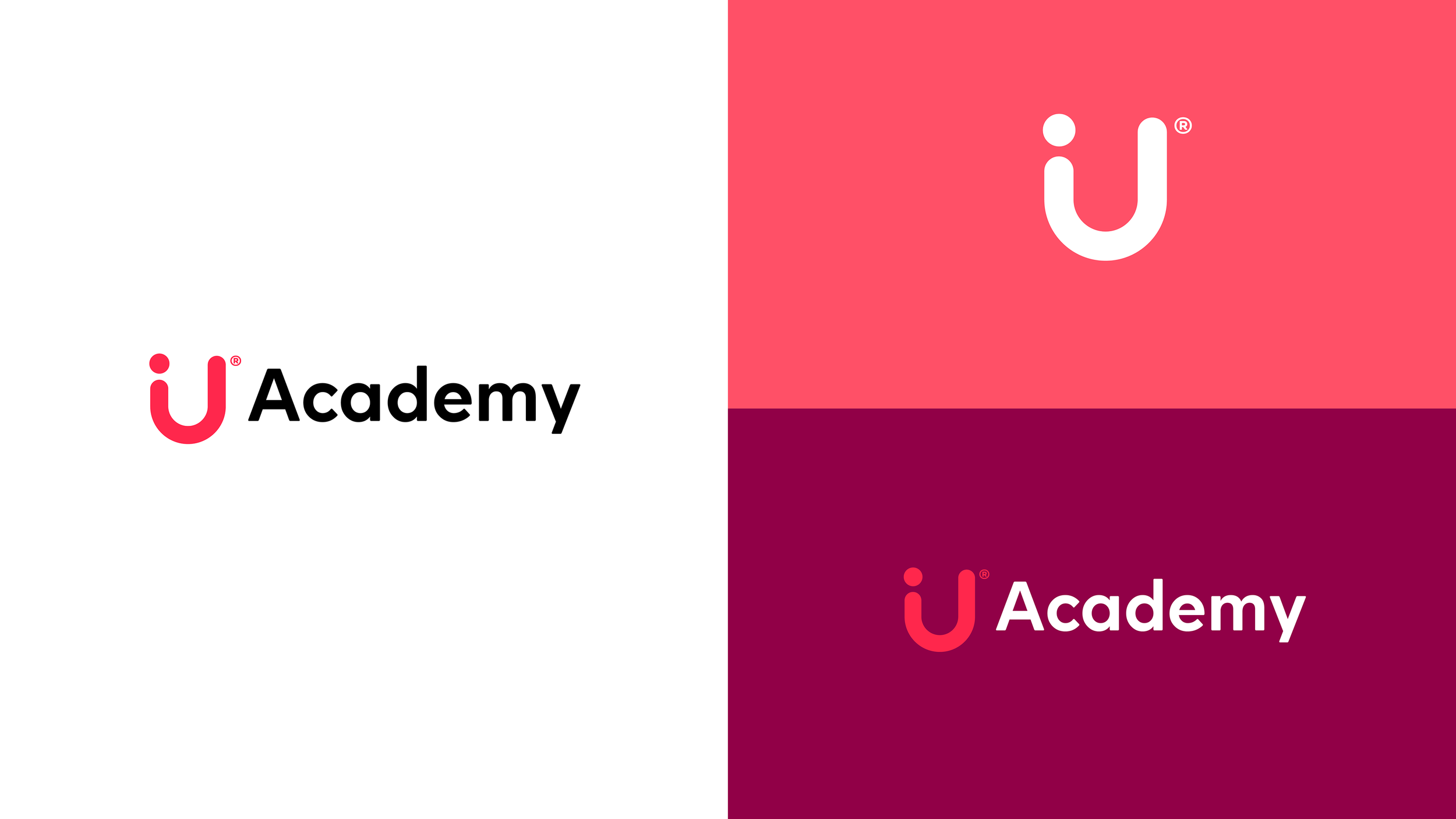 Imagen dividida en cuatro cuadrantes. En el cuadrante superior izquierdo, fondo blanco con logotipo de 'U Academy' en negro y rojo. En el cuadrante superior derecho, fondo rosa con logotipo de 'U' en blanco. En el cuadrante inferior izquierdo, fondo blanco con logotipo de 'U Academy' en negro y rojo. En el cuadrante inferior derecho, fondo burdeos con logotipo de 'U' en blanco.