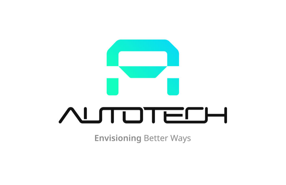 Logotipo de AUTOTECH con un ícono de carro en tonos azules y verdosos y el texto 'AUTOTECH' con la frase 'Envisioning Better Ways' debajo.
