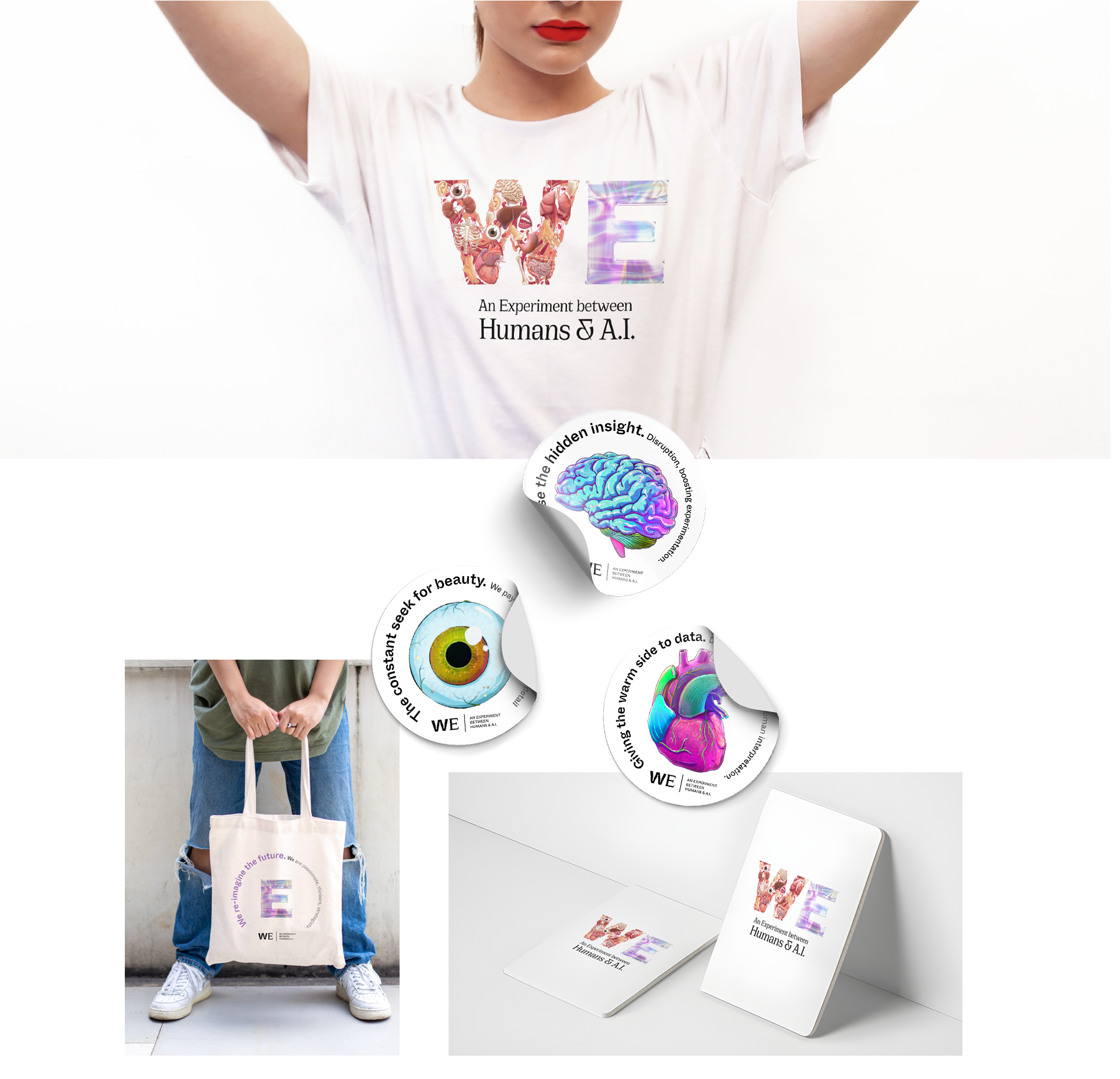 Persona con camiseta blanca que tiene en el pecho la palabra 'LOVE' con ilustraciones de órganos humanos y arte digital, sosteniendo una bolsa de tela con el texto 're-imagine the future', al fondo elementos relacionados con una exposición o presentación sobre la relación entre humanos y la inteligencia artificial.
