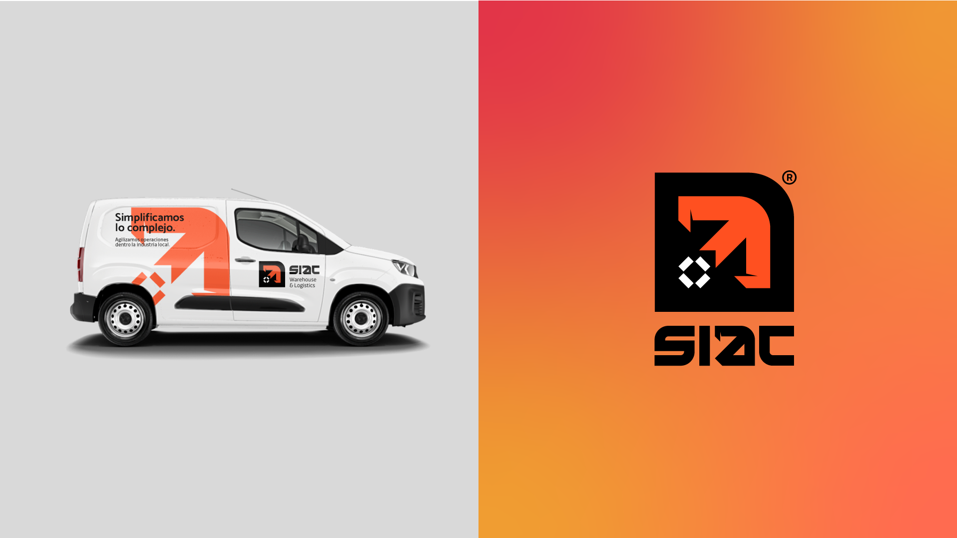 Imagen de un vehículo de reparto blanco, con logotipos y diseños en naranja y negro, que pertenece a la empresa S.I. Logistics, en un fondo dividido en gris y un degradado naranja. La parte izquierda muestra el vehículo y la derecha presenta el logotipo de S.I. Logistics.