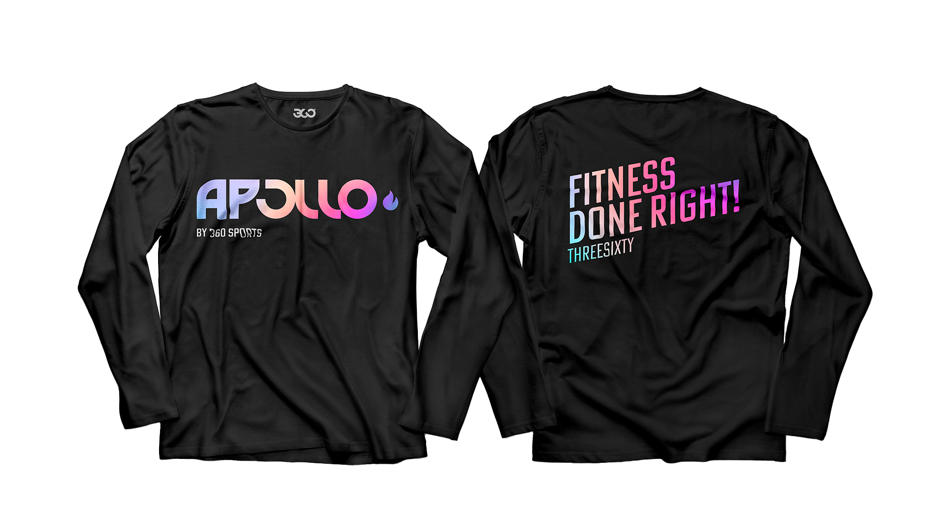 Dos camisetas negras con diseño colorido y textos relacionados con el deporte y el ejercicio físico, una con la palabra 'APOLLO' y otra con la frase 'FITNESS DONE RIGHT!'