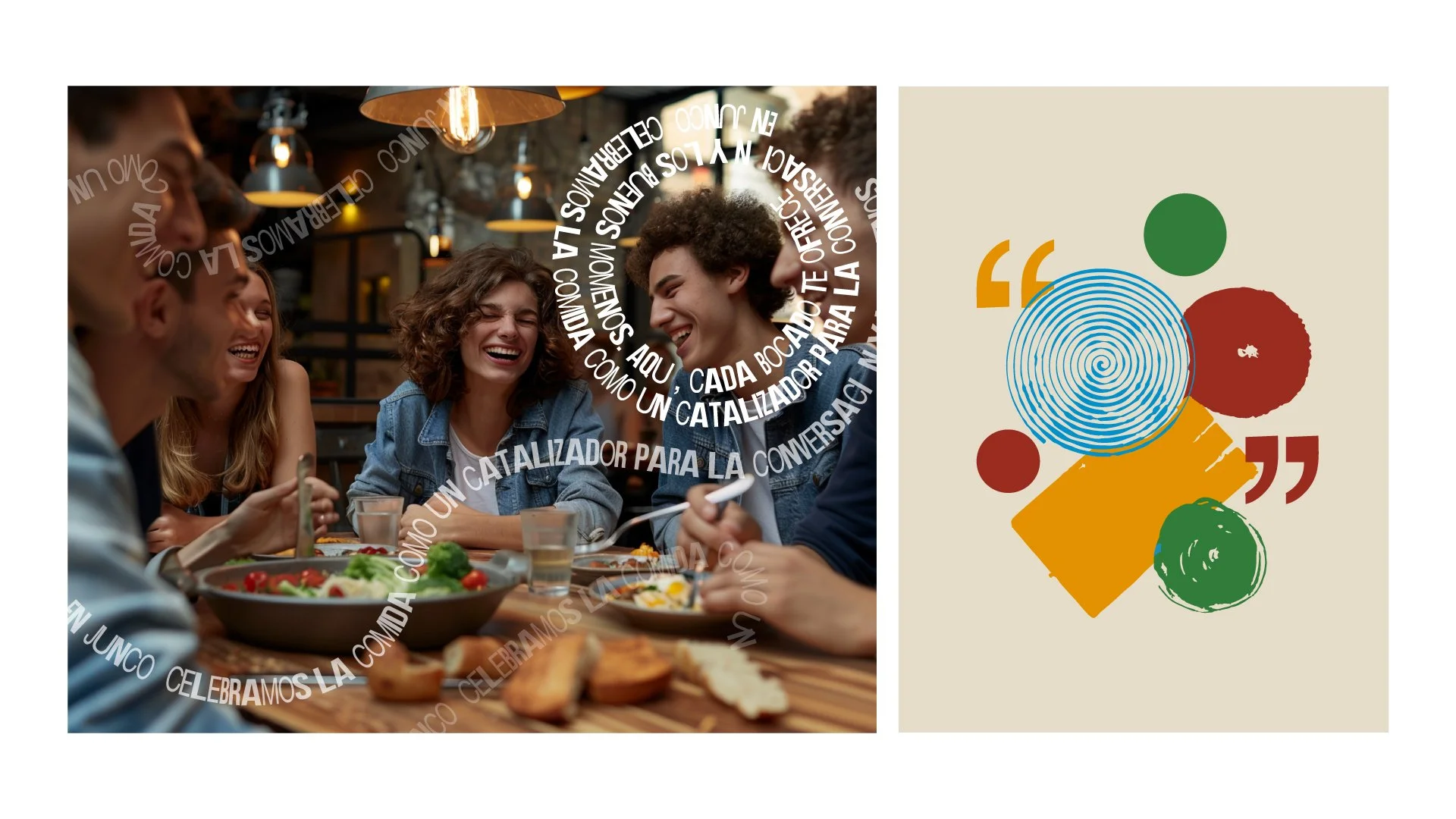 Grupo de personas riendo y conversando en una mesa con comida en un restaurante con ambiente cálido.