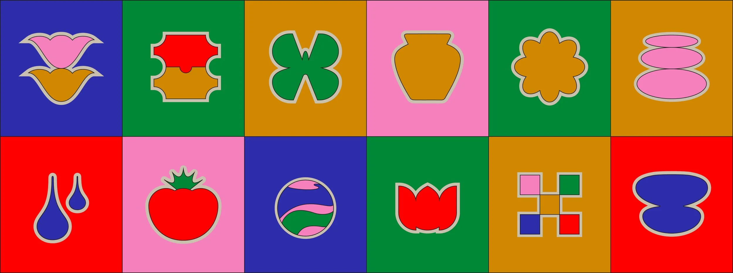 Serie de iconos y figuras geometricas coloridas sobre fondos de diferentes colores.