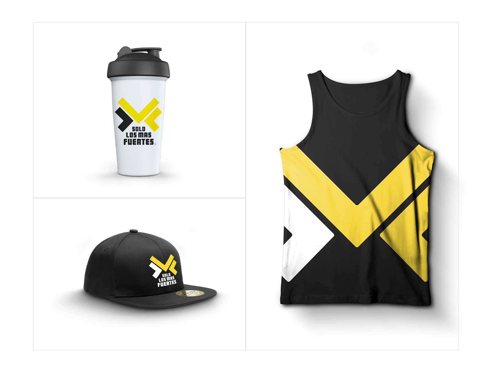 Colección de artículos deportivos en colores negro y amarillo: una botella de agua con logo y la frase "Solo los más fuertes", un chaleco de entrenamiento, una gorra y una camiseta de entrenamiento con diseño en bloque de colores negro, amarillo y blanco.