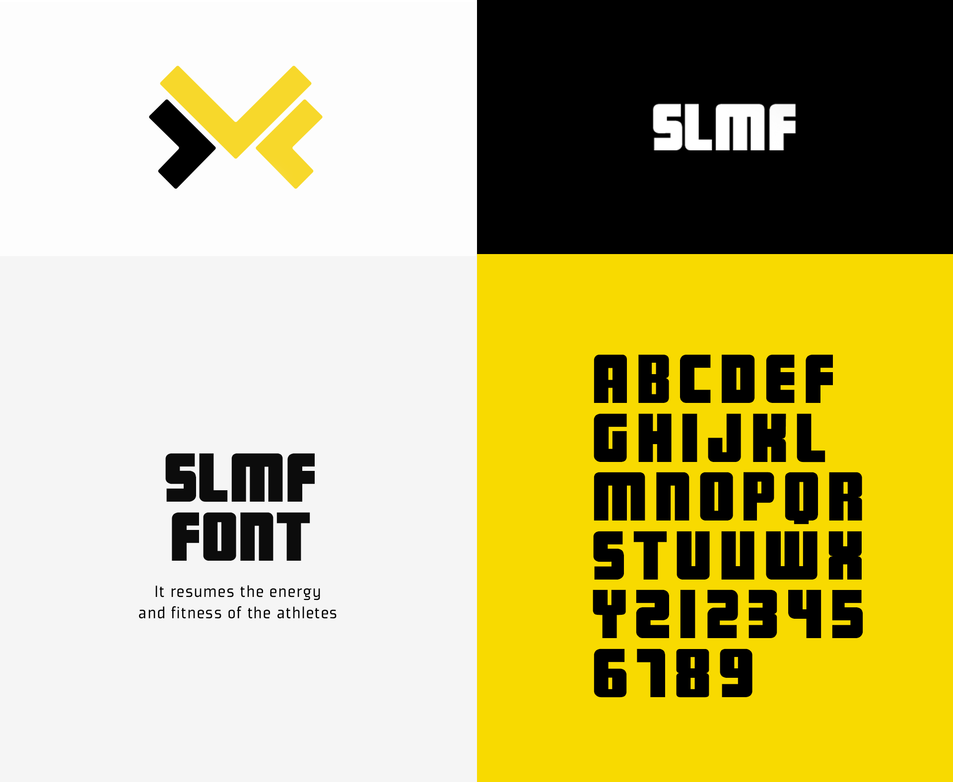 Logos y tipografías relacionadas con diseño gráfico, incluyendo un logotipo en blanco y negro, la palabra 'SLMF' en diferentes estilos de letra, un componentes de letras y un alfabeto en caracteres negros en fondo amarillo.