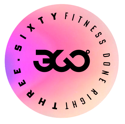 Logotipo circular con fondo de gradiente rosa y morado, con texto que dice ' Three Sixty Fitness' y 'Done Right' alrededor del círculo, y un símbolo en el centro que combina las letras 'S' y 'X'.