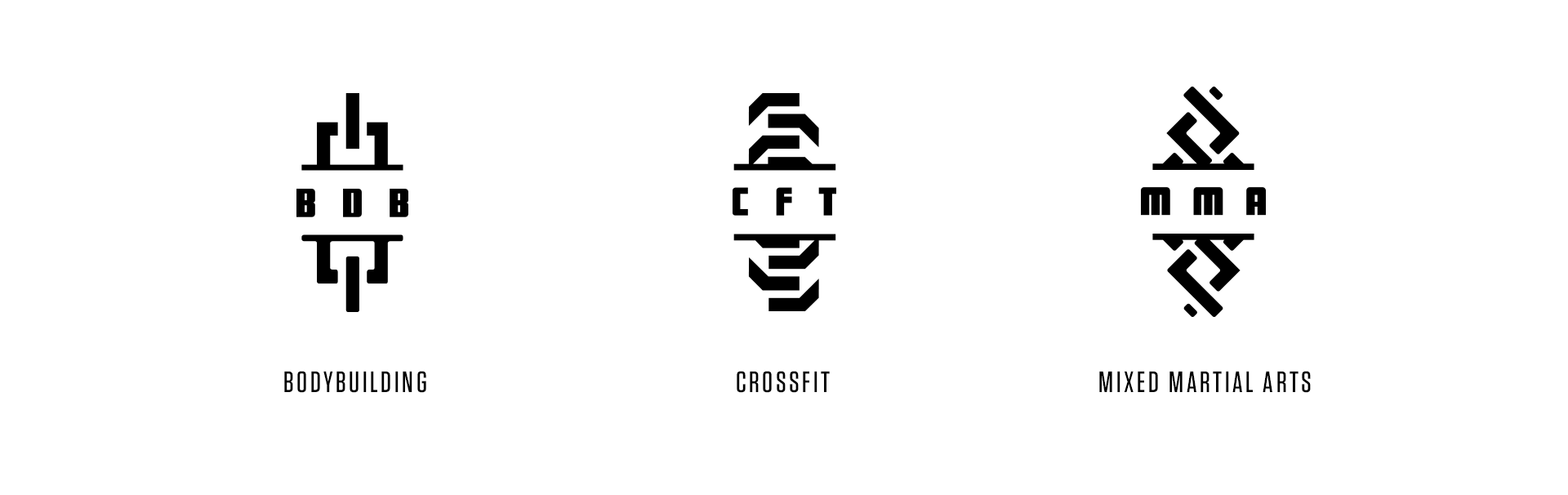 Tres logotipos en estilo lineal con palabras en inglés debajo: 'Bodybuilding', 'Crossfit' y 'Mixed Martial Arts', cada uno con diferentes símbolos abstractos encima.