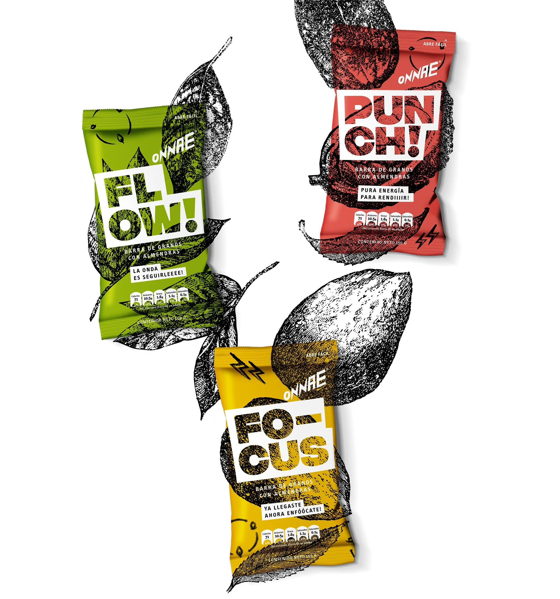 Paquete de barra de granos con almendras y paquete de barra de granos con semillas, colores verde, rojo y amarillo, con información nutricional y logotipos en el diseño.