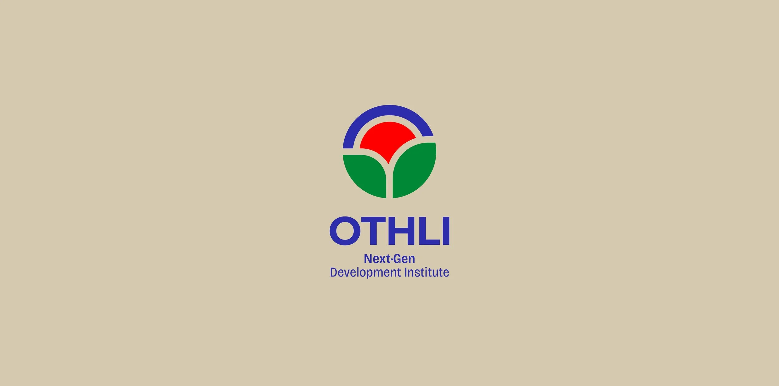 Logotipo del instituto OTHLI Next-Gen Development Institute con diseño de un símbolo con arco de colores y una hoja, sobre fondo beige claro.