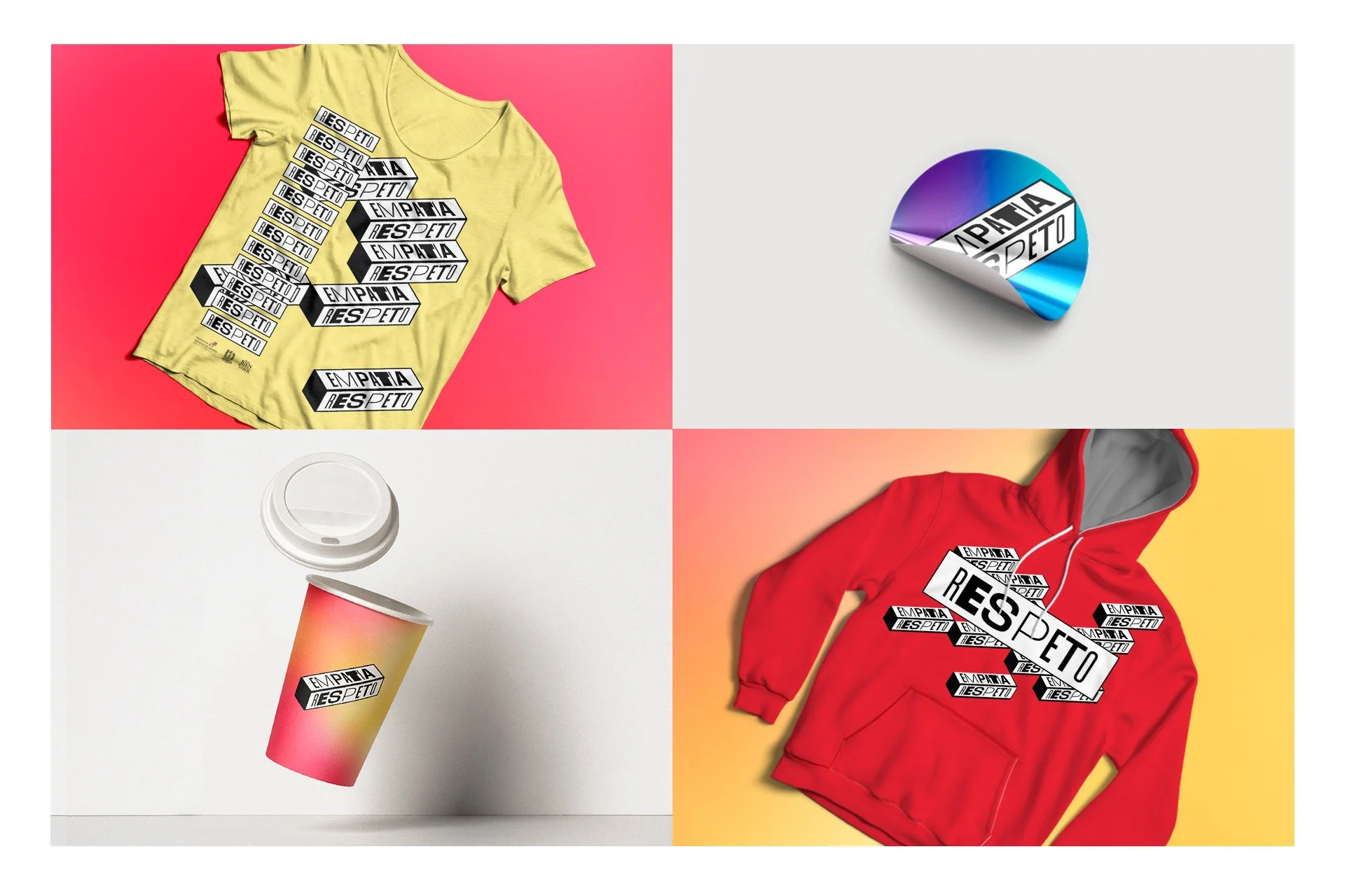 Cuatro productos con etiquetas que dicen 'Empatía', 'Respeto' y 'Respetuoso', incluyendo camisetas amarilla y roja, un vaso de café, una taza con café y un papel con colores gradientes, distribuidos en un diseño colorido vertical divided en cuatro partes.