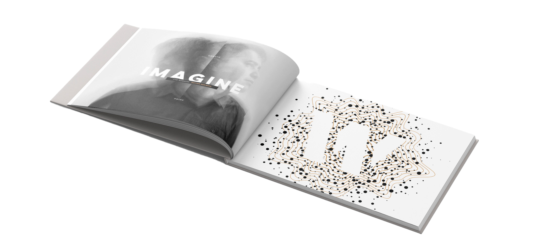 Libro abierto con una imagen en la página izquierda de una mujer y la palabra 'IMAGINE'. La página derecha tiene un diseño abstracto con líneas onduladas y puntos negros formando un patrón.
