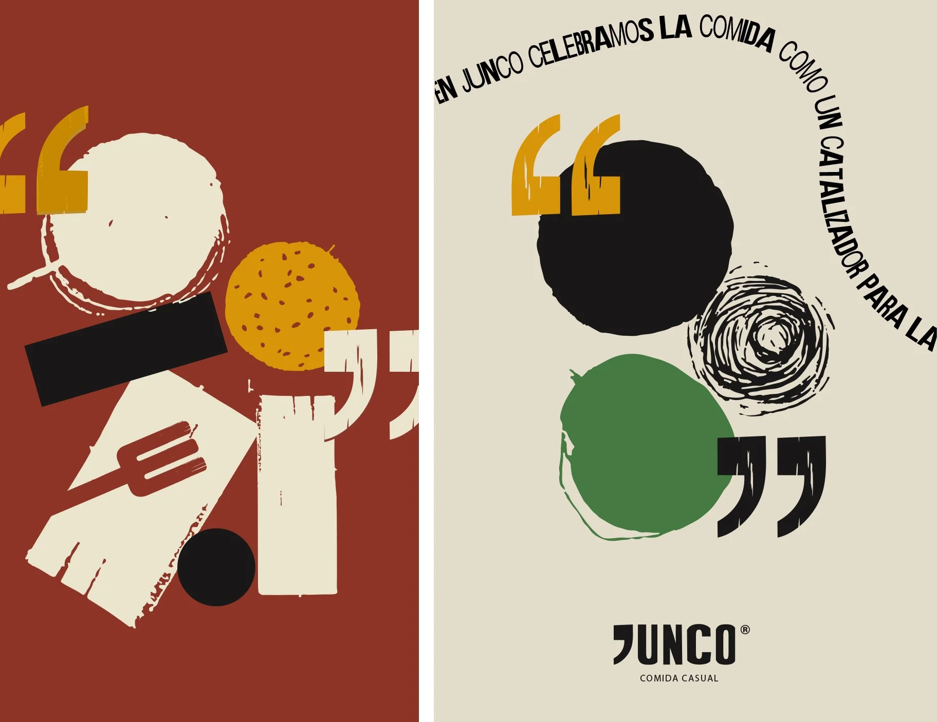 Imagen dividida en dos partes, con ilustraciones y texto. La parte izquierda tiene fondo marrón y muestra una mano sosteniendo una pizza, y utensilios de comida como un tenedor y un cuchillo. La parte derecha tiene fondo beige y presenta círculos en diferentes colores y un texto en forma de arco que dice 'En junco celebramos la comida como un capitalismizador para la comida casual.' También tiene el logo de 'JUNCO' y la frase 'Comida casual'.