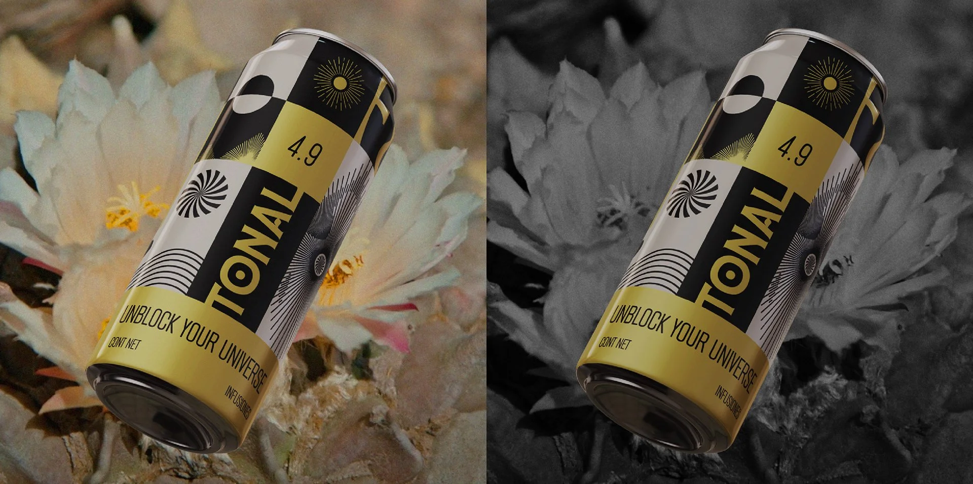 Lata de bebida energética llamada 'TONAL' con diseño en negro, blanco y dorado, sobre flores coloridas y en color en escala de grises.