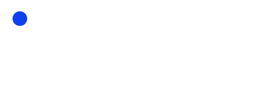 Logotipo de iU Corp en blanco y negro con un punto azul arriba de la letra 'i'.
