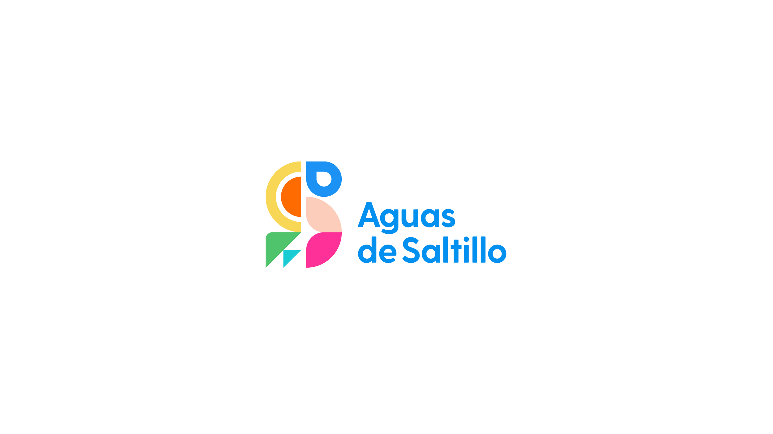 Logotipo colorido con componentes en formas geométricas abstractas y texto azul que dice 'Aguas de Saltillo'.