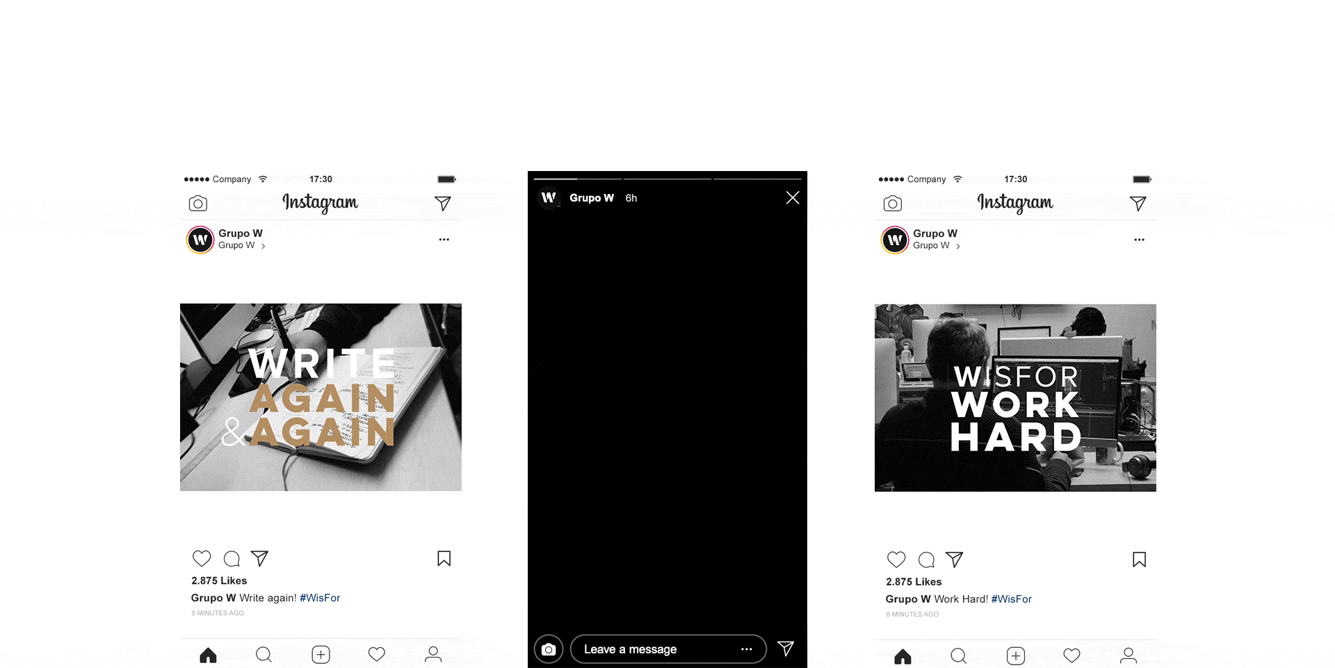 Captura de pantalla de una publicación en Instagram de Grupo W con mensajes motivadores y algunos íconos de interacción en negro y blanco.