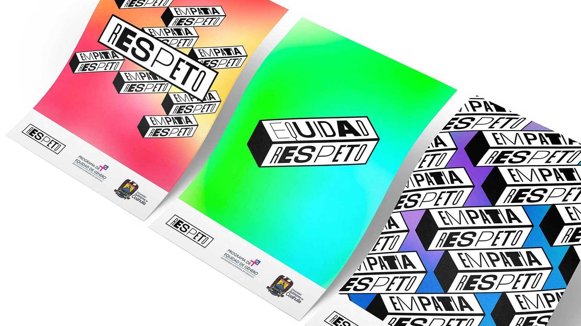 Tres carteles con fondos de colores degradados rosa, verde y negro con patrones de palabras como RESPECTO, EMPATÍA y CUIDA en letras negras y blancas, además del escudo del Estado de Coahuila en la esquina inferior.