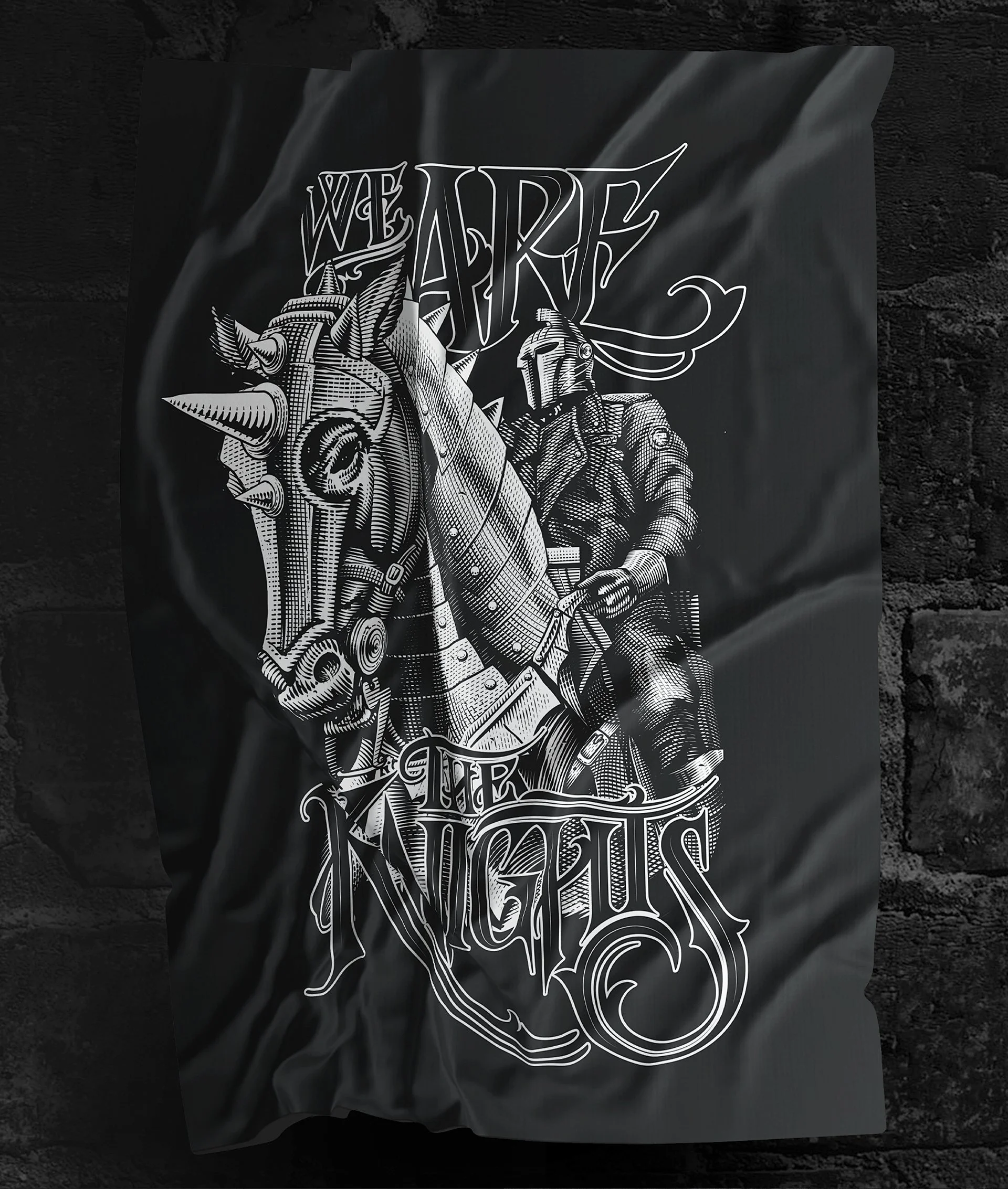 Diseño en blanco y negro de un caballero medieval con armas y letras que dicen 'We Are' en la parte superior